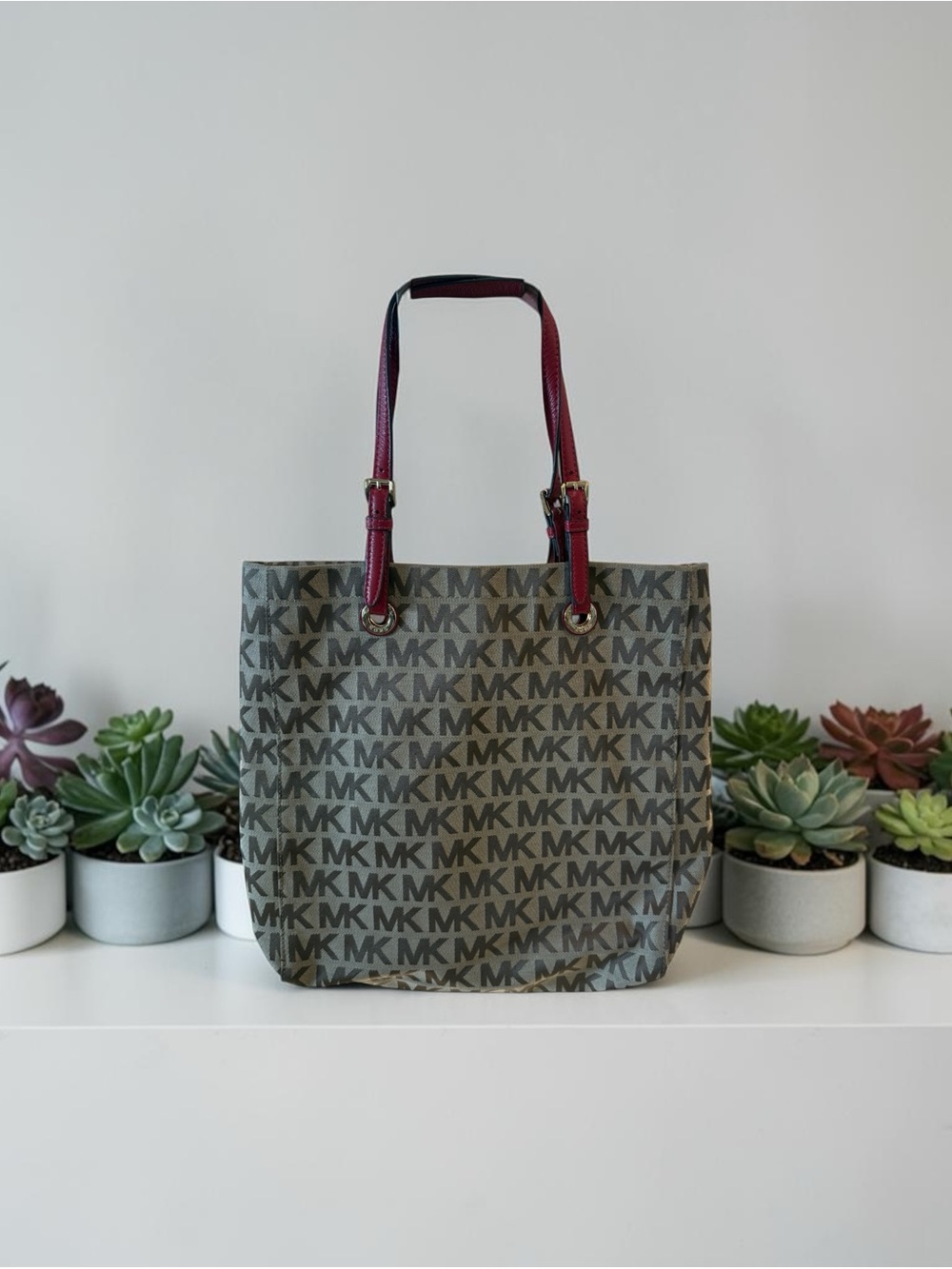 Michael Kors Brown MK Logo Tote with Burgundy Handles